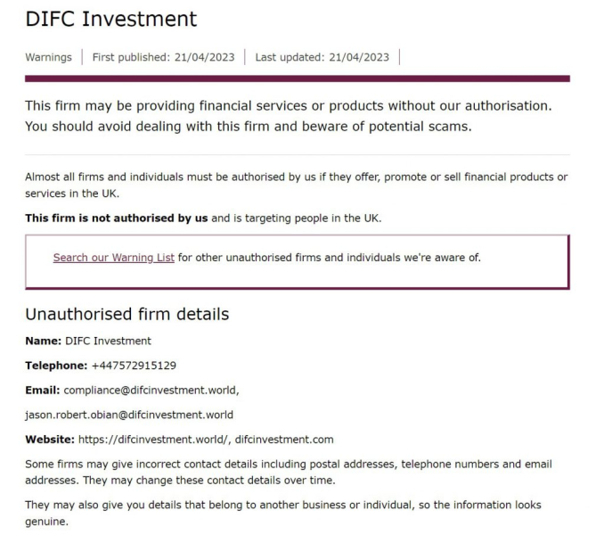 Thorough Review of a Blacklisted Scam Called DIFC Investment World